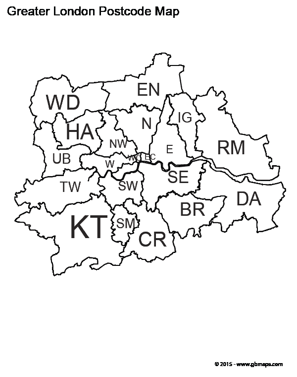 Greater London postcode area and district map