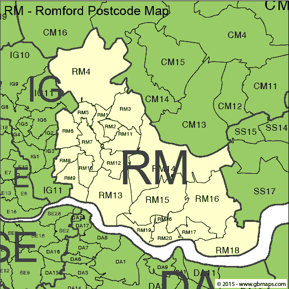 romford postcode district map