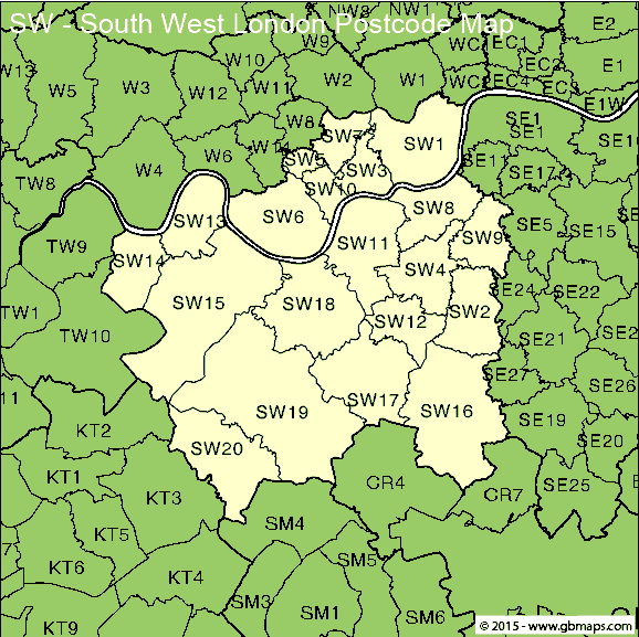 south west london postcode district map
