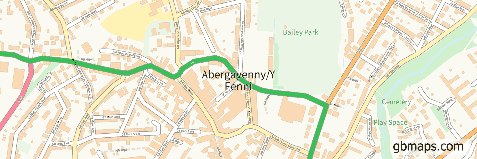 Abergavenny/y Fenni wide thin map image