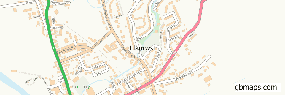 Llanrwst wide thin map image