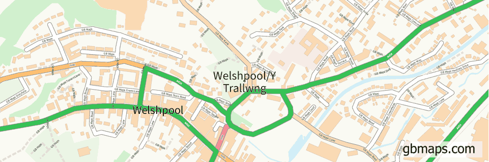 Welshpool/y Trallwng wide thin map image