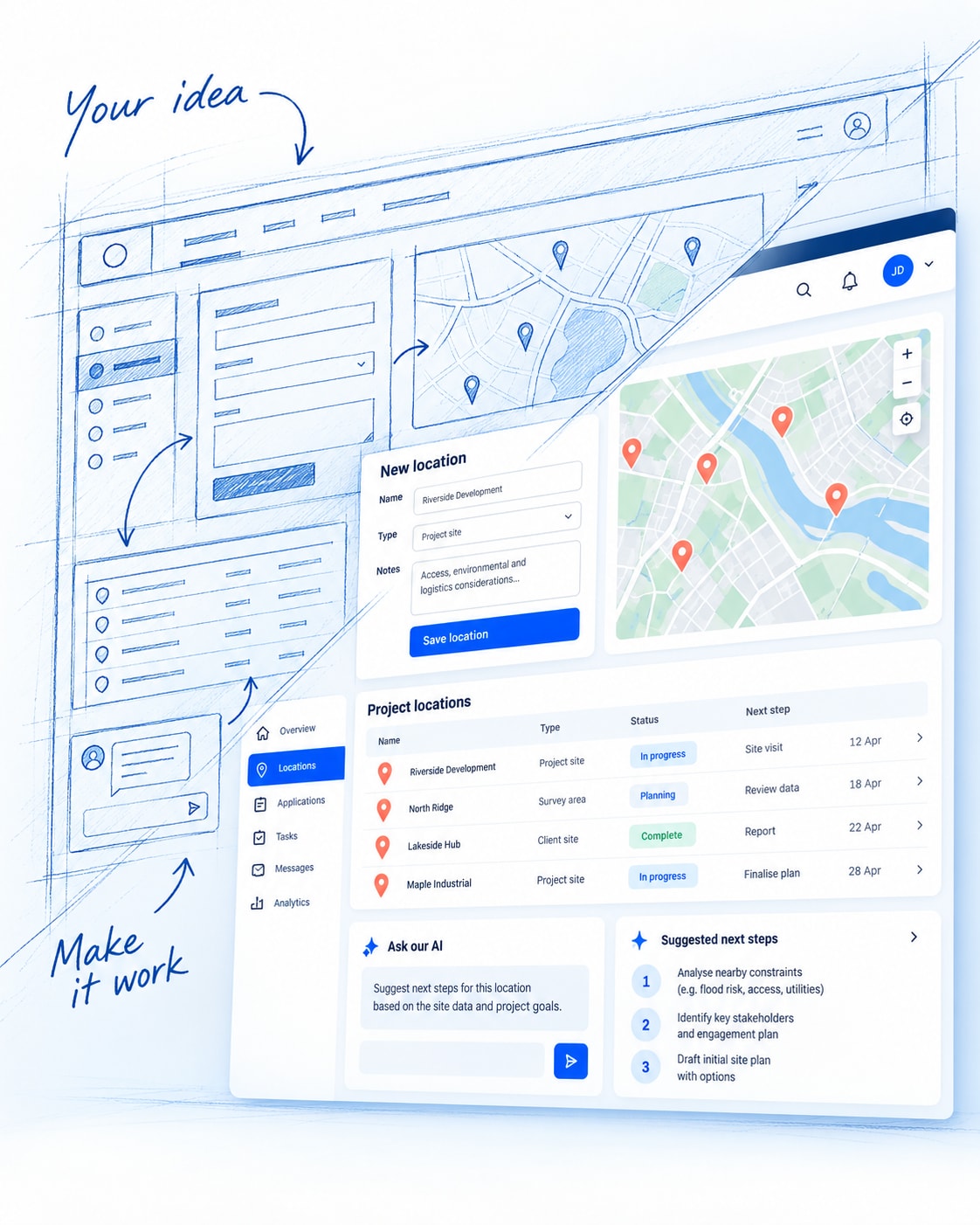 Concept illustration of an app sketch becoming a finished interface with project records, an interactive map and an AI assistant