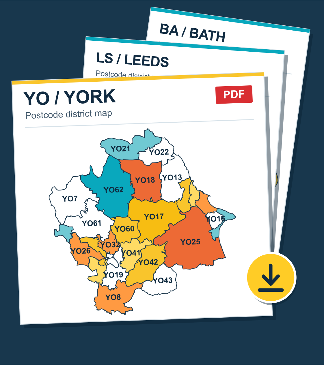 Separate PDF map sheets for York, Leeds and Bath, showing real postcode district boundaries and a download arrow