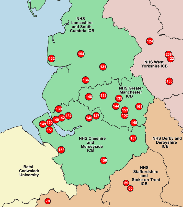 2026 NHS ICB and cluster map showing Lancashire and South Cumbria, Greater Manchester, Cheshire and Merseyside, and numbered hospital locations