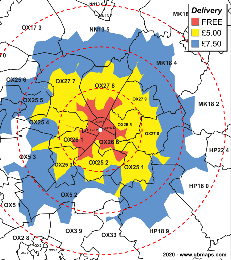 Postcode delivery zones around Bicester, with coloured charging areas, distance rings and a delivery price key