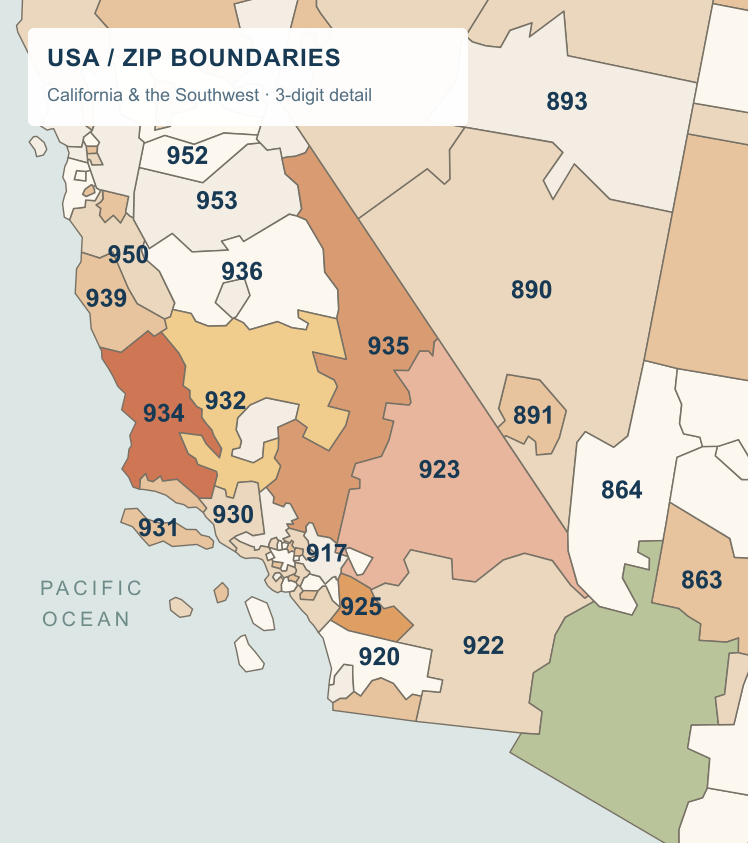 Real three-digit ZIP code boundaries in California and the Southwest, in warm terracotta and sand colours