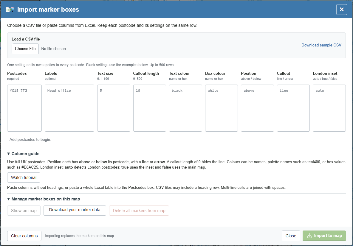 Advanced marker import: every column — current GBMaps controls