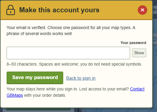 Choose and save your password — actual GBMaps dialog with example details