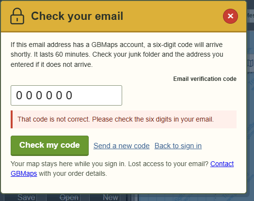 An incorrect code — actual GBMaps message