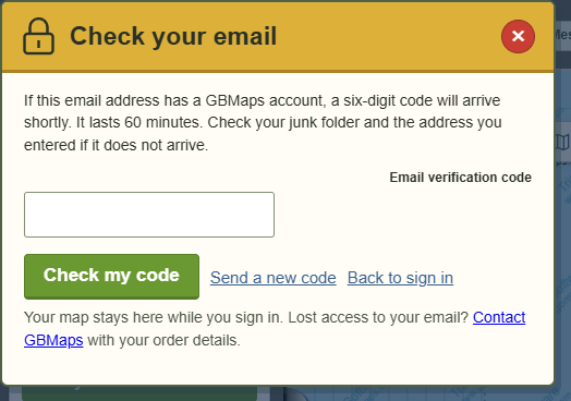 Next: check your email — actual GBMaps message