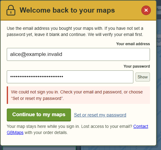 Cannot sign in or receive a code? — actual GBMaps dialog with example details