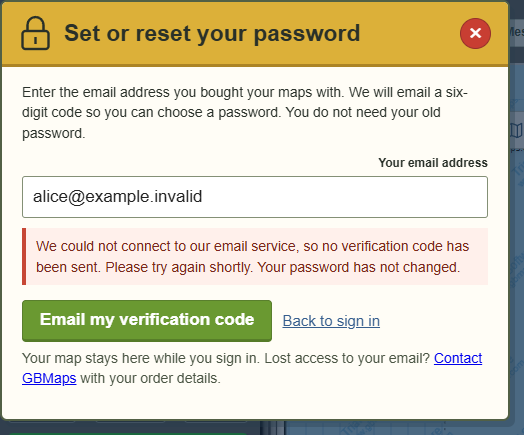 Email service could not be reached — actual GBMaps message