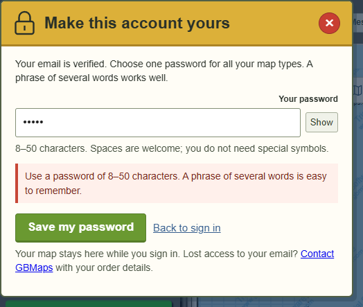 Warnings while choosing a password — actual GBMaps dialog with example details