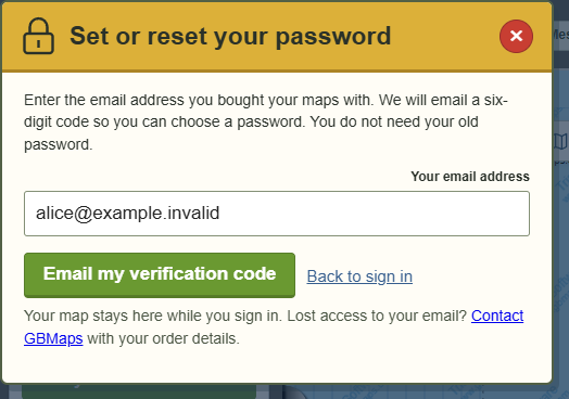 Your first password: keep your existing maps — actual GBMaps dialog with example details