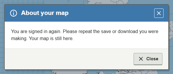 Signed in again: repeat the action — actual GBMaps message