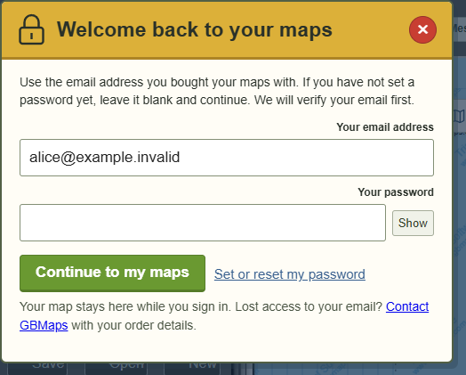 Sign in to your maps — actual GBMaps dialog with example details