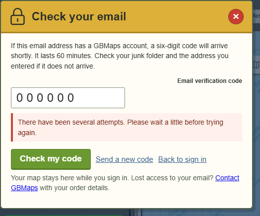 Please wait before trying again — actual GBMaps message