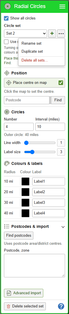 Several circle centres & linked settings — current GBMaps controls