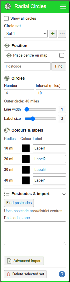Radial Circles: distance rings — current GBMaps controls