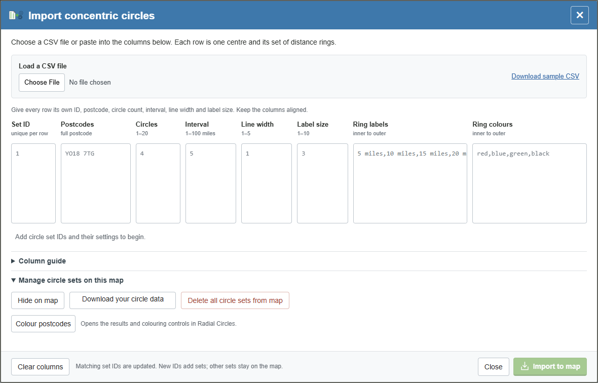 Advanced concentric-circle import — current GBMaps controls