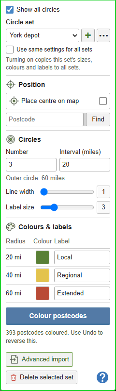 Radial Circles settings used to place a centre and choose mile intervals