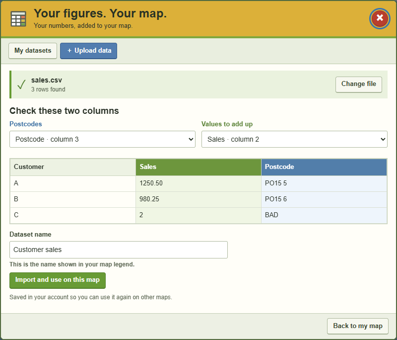 Upload your postcode figures — actual GBMaps dialog with example figures