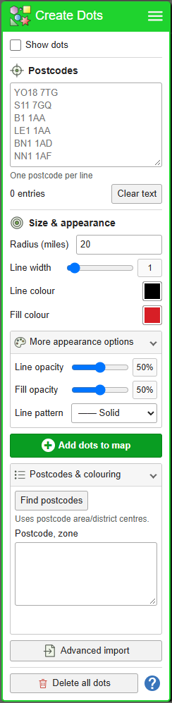 Create Dots: postcode locations — current GBMaps controls