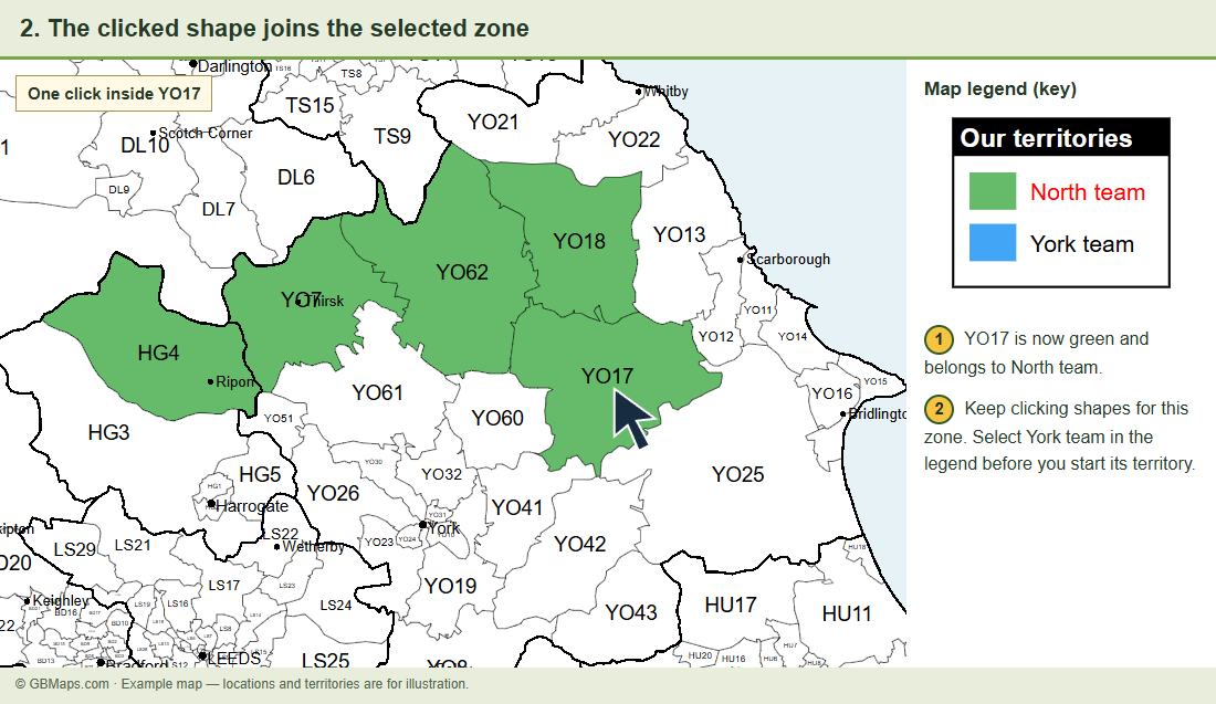 After the click, YO17 has turned green to match the selected North team zone. The other shapes and the legend remain in place.
