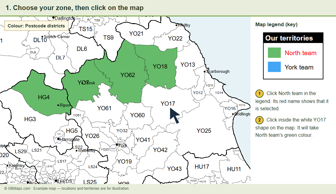 North team is selected in red in the map legend. Several Yorkshire postcode districts are green. A pointer sits inside the still-white YO17 shape, ready to colour it.