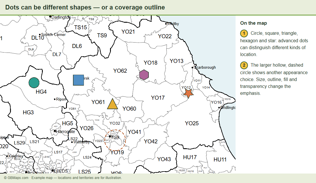 A Yorkshire map with a green circle, blue square, yellow triangle, purple hexagon and orange star at different locations. A larger hollow dashed circle appears around York.