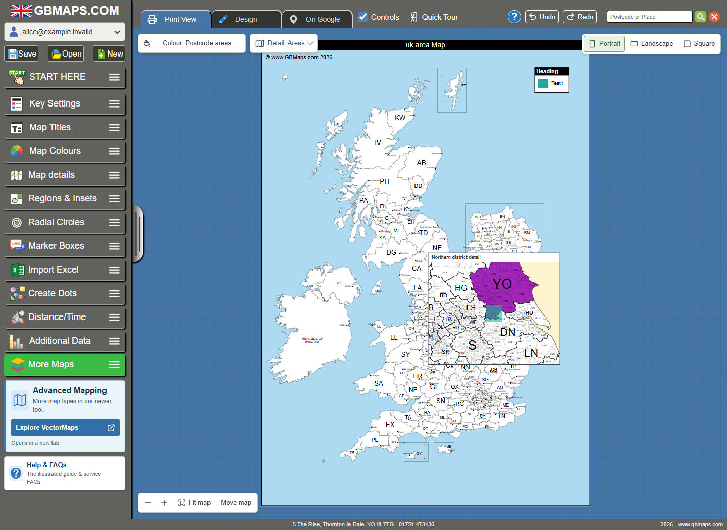 A UK postcode area map with an inset of a separately saved postcode district map coloured purple around Yorkshire