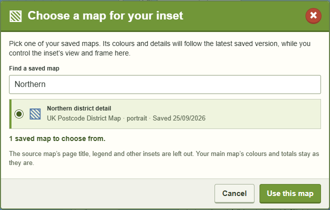 GBMaps saved-map picker with a district map selected, showing its name, map type, orientation and saved date