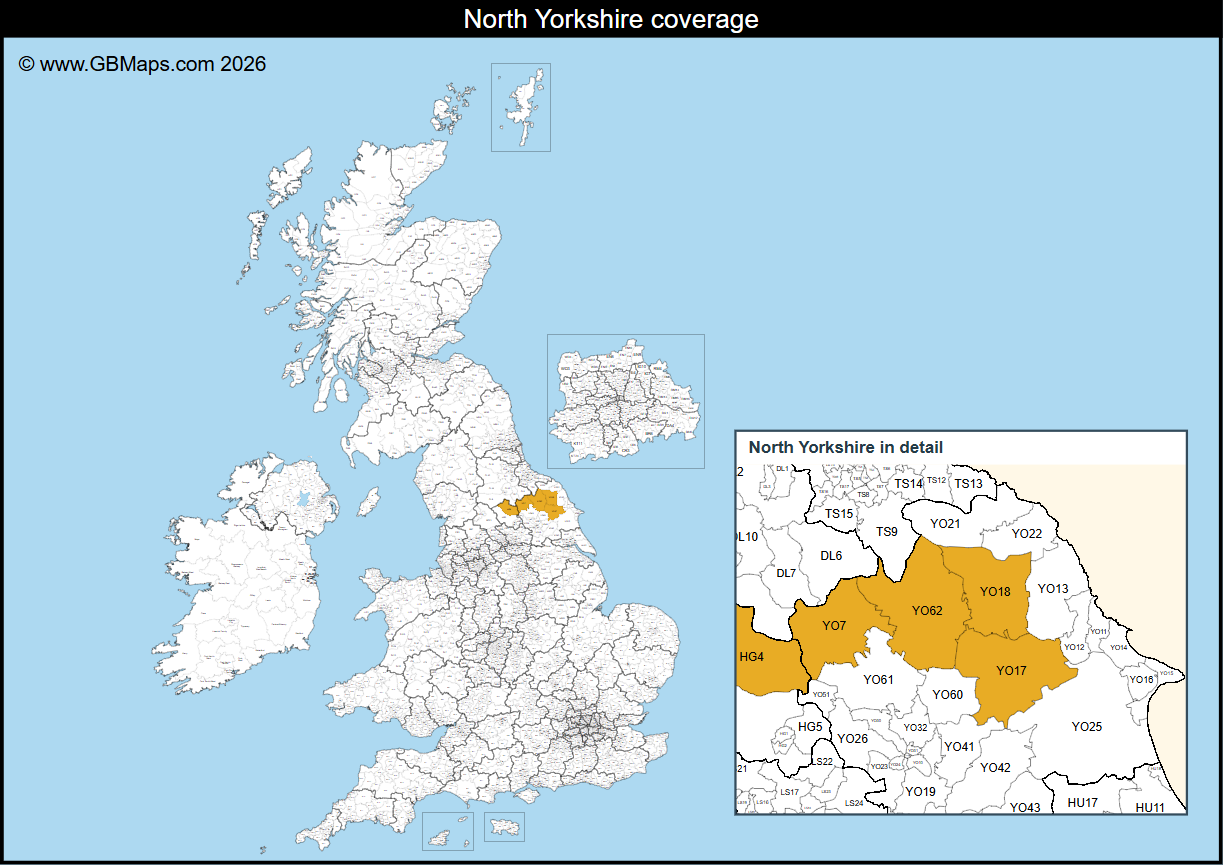 The UK district map shows a small gold territory in North Yorkshire. A larger inset at the bottom right shows its district boundaries and labels in detail.