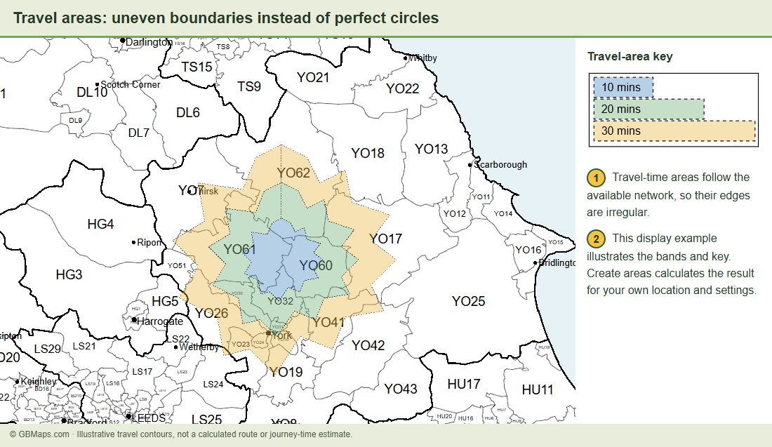 Three nested irregular travel-area bands over a Yorkshire map, with a separate key for 10, 20 and 30 minutes. The screenshot states that the contours are illustrative, not a calculated journey.