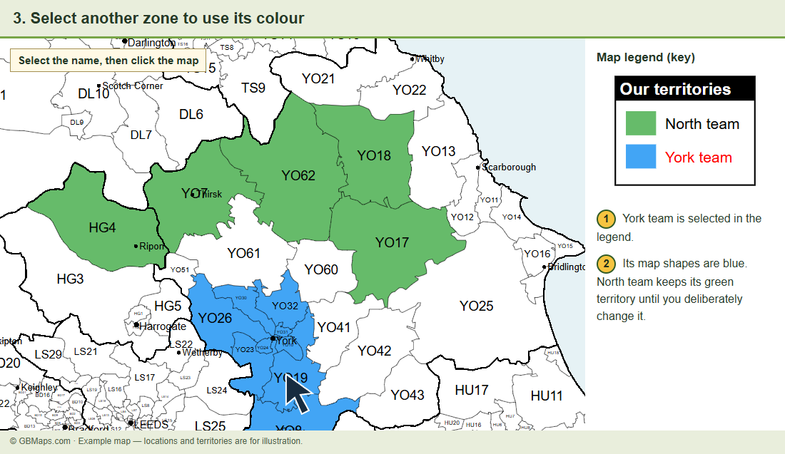 York team is now selected in the legend. Its postcode shapes around York are blue, while the North team territory remains green.
