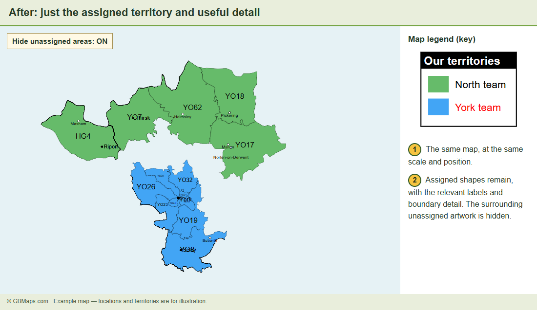 The same Yorkshire map at the same scale, with surrounding unassigned shapes and labels hidden. The two coloured territories and their relevant map detail remain.