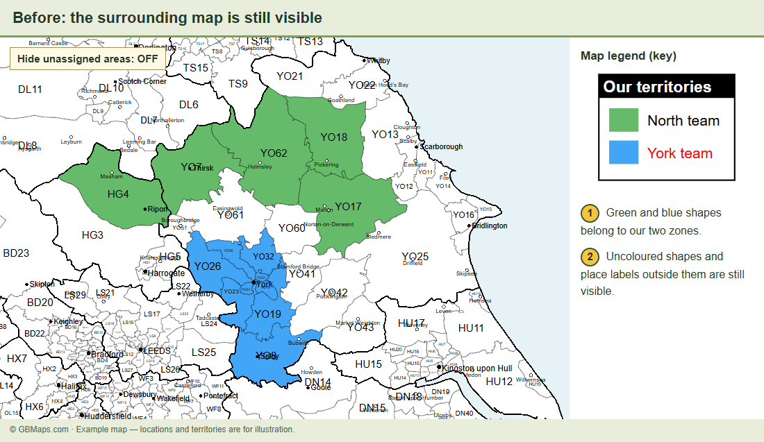 A Yorkshire map with green and blue territories, surrounded by uncoloured postcode shapes, town and village names and boundary lines.