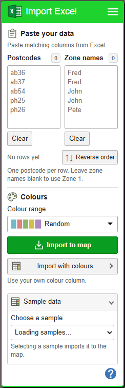 Import Excel: postcode territories — current GBMaps controls