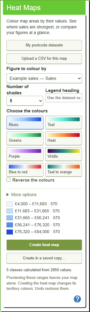 Heat Maps: colour areas by their values — controls in the mapping tool