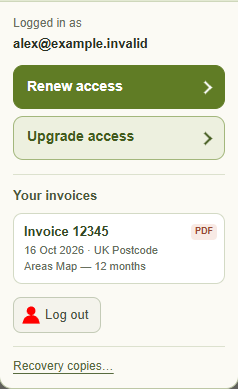 Renew access from the account menu — GBMaps controls