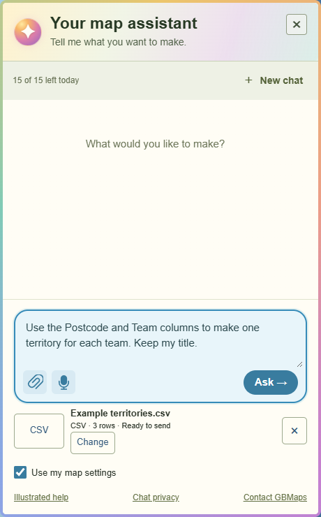A file ready to send with a question — GBMaps controls