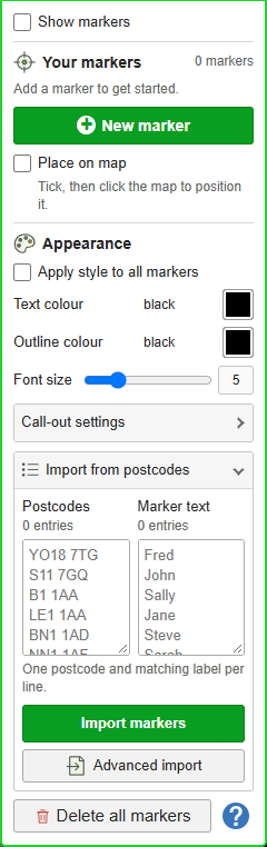 Import marker boxes from UK postcodes — GBMaps controls