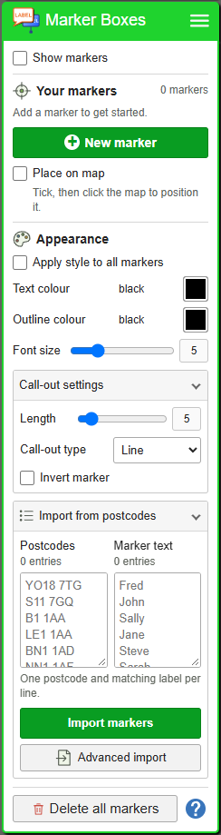 Marker Boxes: labelled places — current GBMaps controls