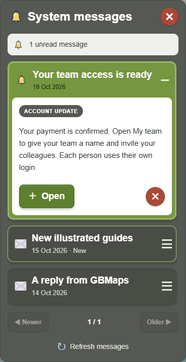 Messages on a phone — actual GBMaps message