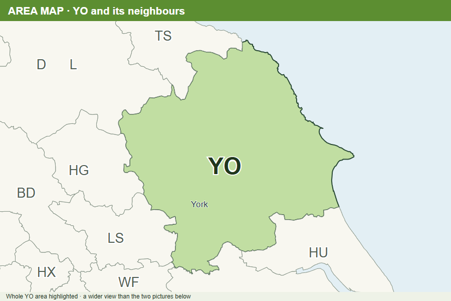 Postcode area map with the entire YO area coloured green and neighbouring postcode areas labelled.