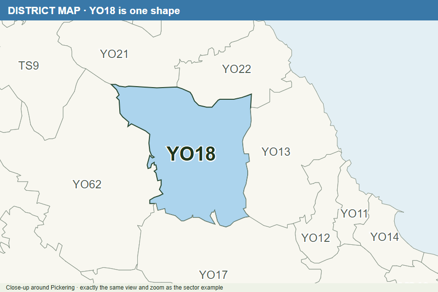 District map close-up with YO18 coloured blue, beside YO17, YO22 and YO62.