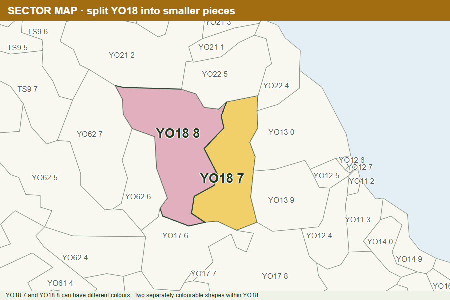 Sector map at the same zoom as the district example, showing separate gold YO18 7 and pink YO18 8 polygons.