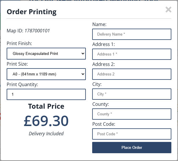 Print order: finish, size & delivery — current GBMaps controls
