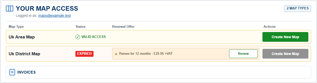 Saved maps: access, renewals & new maps — current GBMaps controls
